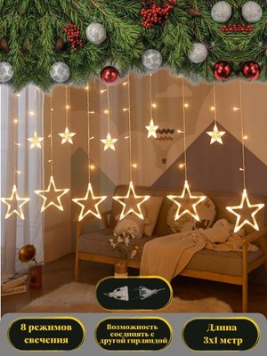 Гірлянда Штора зірочки 12 шт, 3м*1м різні кольори, новорічна світлодіодна LED гірлянда зірки на вікно 10122 фото