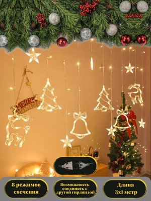 Гірлянда Штора Фігурки із Зірками 12 шт, 3м*1м різні кольори, новорічна світлодіодна LED гірлянда на вікно 10123 фото