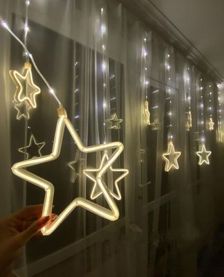 Гірлянда штора неонова зірки 9 шт 3м*08м, теплий білий, новорічна гірлянда зірочки на вікно 10124 фото